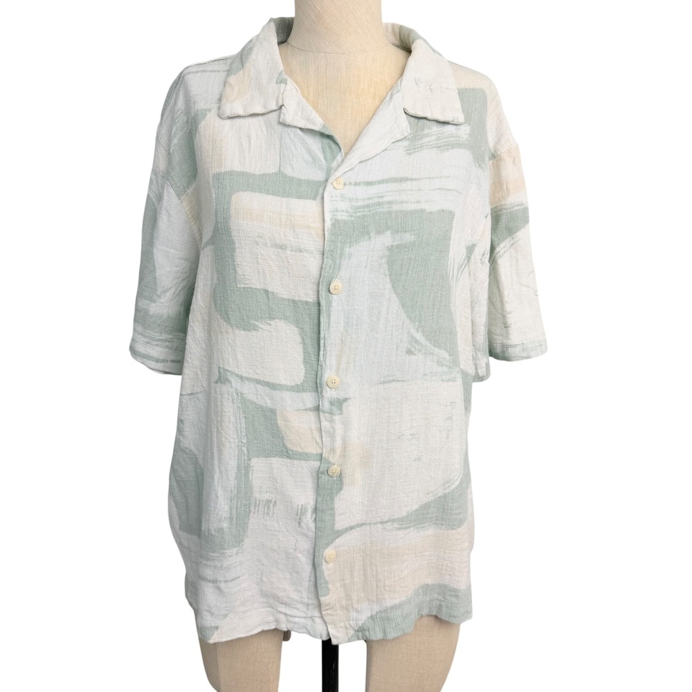 Jason Wu Womens Sage Green Abstract Brushstroke Viscose Linen Camp Shirt Size M
